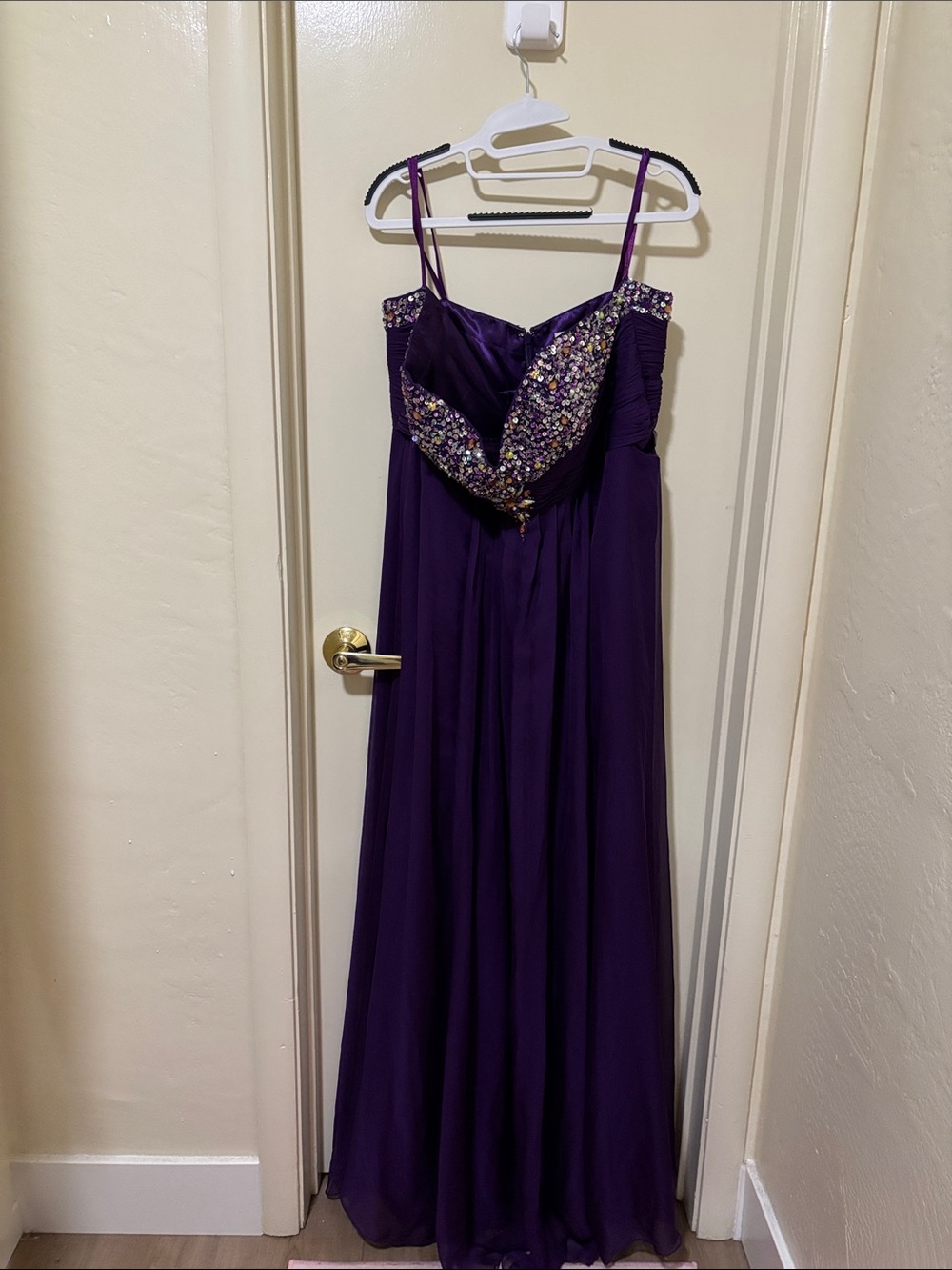 Beaded Dark Purple Spaghetti-Strap Prom Gown